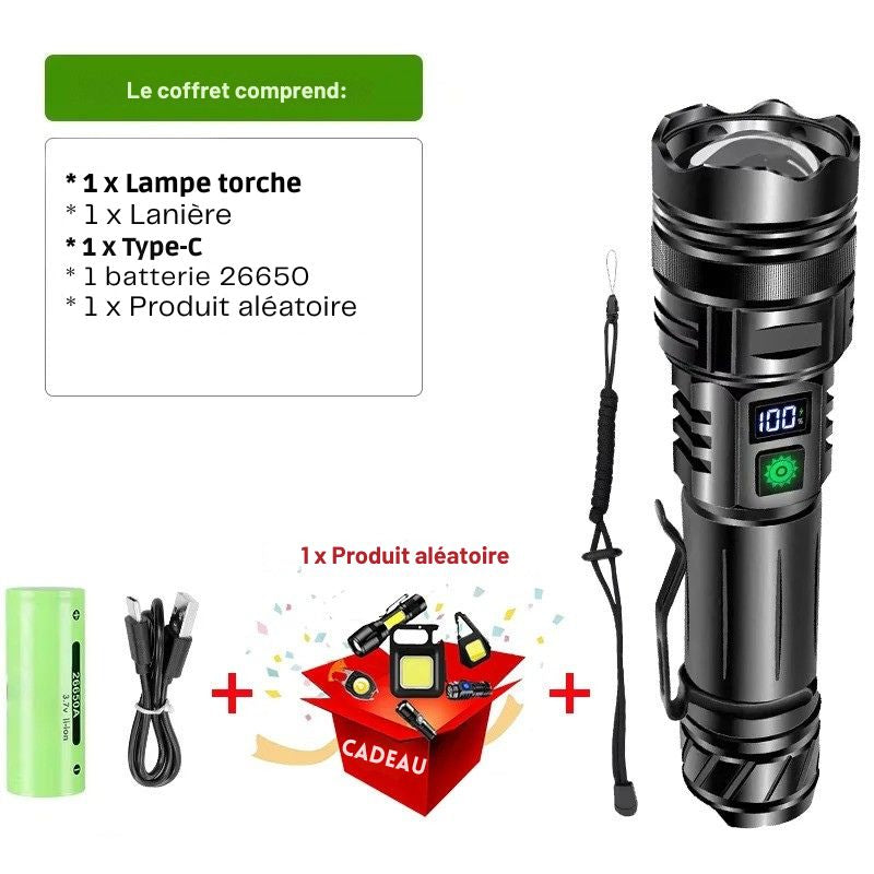 Lampe torche rechargeable alliage d'aluminium 500m batterie 26650 résistant aux chocs.