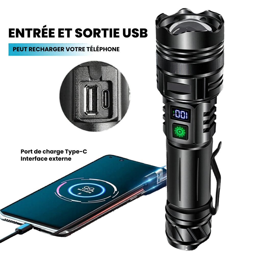 Lampe torche rechargeable alliage d'aluminium 500m batterie 26650 résistant aux chocs.