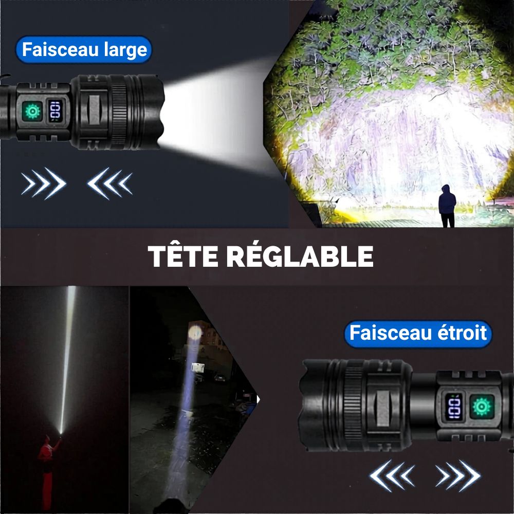 Lampe torche rechargeable alliage d'aluminium 500m batterie 26650 résistant aux chocs.