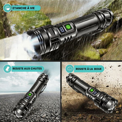 Lampe torche rechargeable alliage d'aluminium 500m batterie 26650 résistant aux chocs.